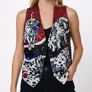 Vintage 1980s Fashion Fantasy Sequined Dalmatian Puppies Vest M